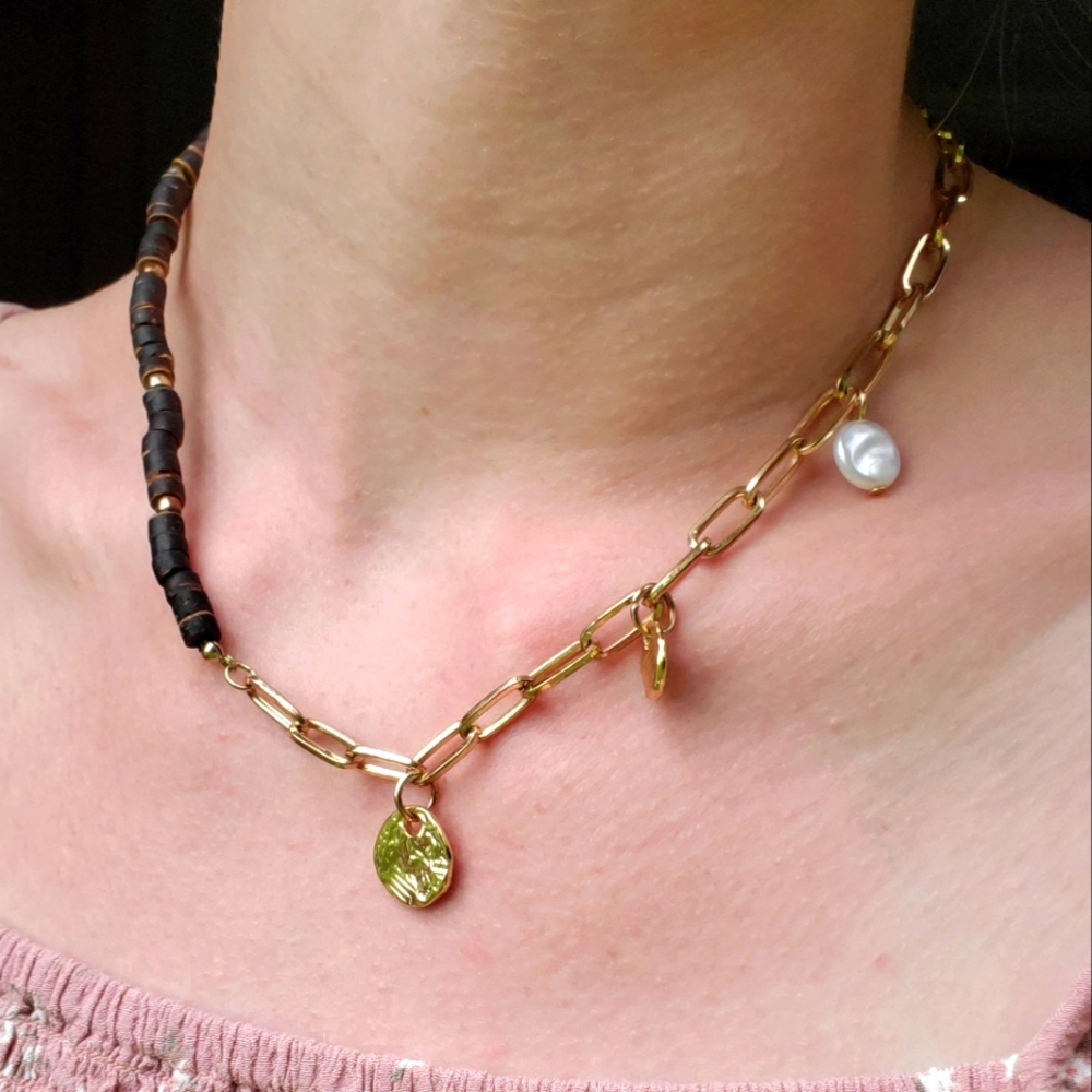 Gold, Baroque Pearl, and Rustic Bead Necklace